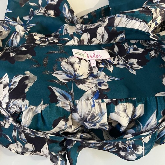 Parker Silk Green WhiteFloral Ruffle Long Sleeve V Neck Blouse Top Small - Picture 4 of 5